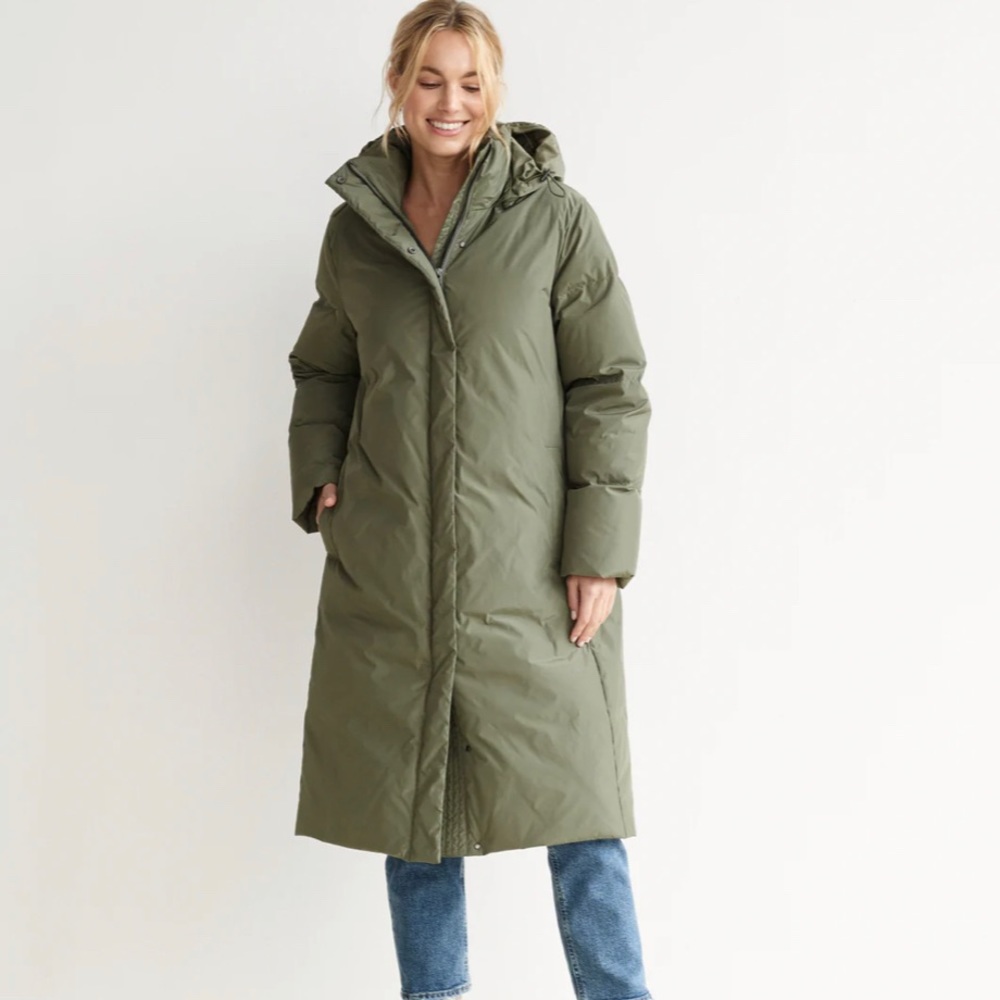 Jenni Kayne Olive Green Long Puffer Coat with Hood